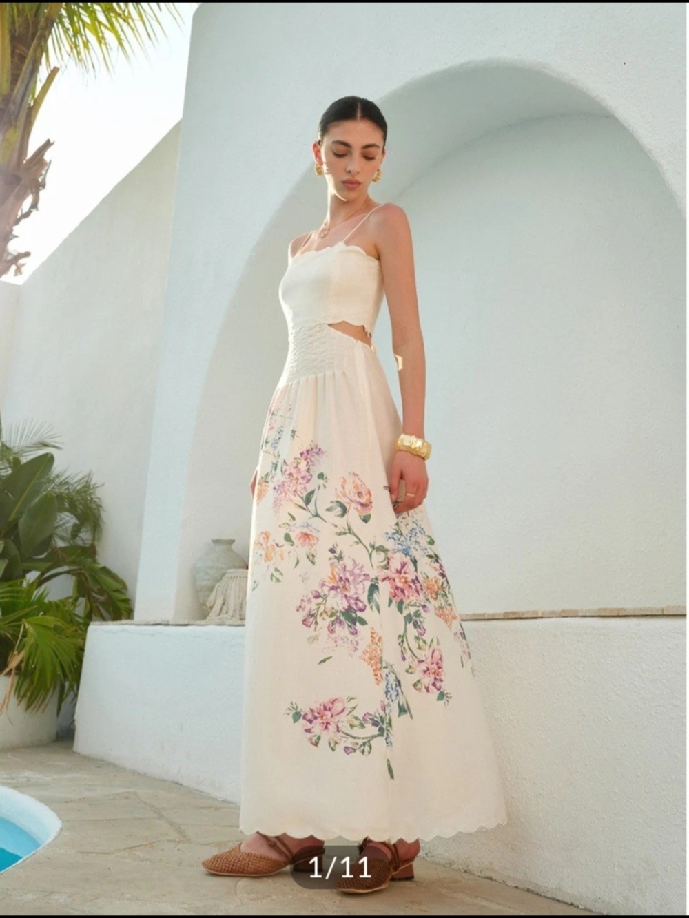 Commense Cream Floral Maxi Dress with Scalloped Neckline